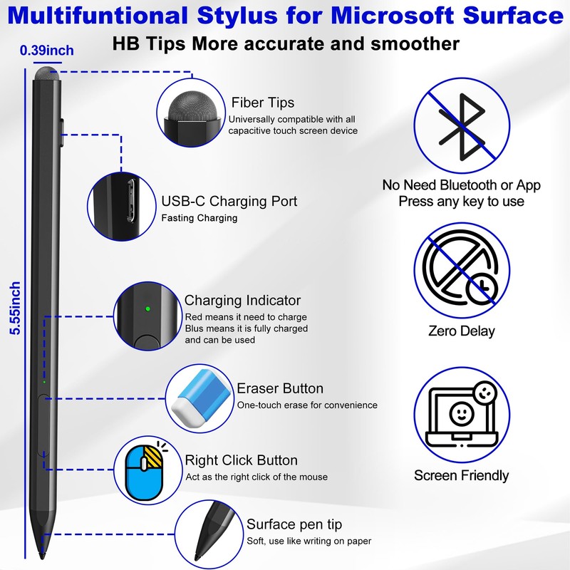 Surface Pro Pen for Surface Pro 9/10/11/8/X/7/7 plus/6/5/4/3, Surface Book/Laptop/Go/Studio,