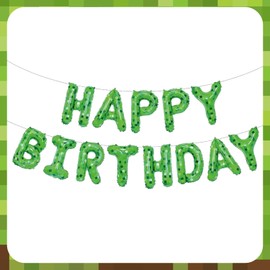 Green Pixel Miner Theme Happy Birthday Balloons Banner 16 Inch Letters, Inflatable Party Decor and Birthday Decorations for Women, Men, Boys & Girls Kids and Adults, Party Supplies