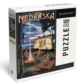 Lantern Press 1000 Piece Jigsaw Puzzle, Nebraska, Retro Camper and Lake