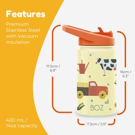 BOZ Kids Insulated Water Bottle with Straw Lid, Stainless Steel Vacuum Double Wall Water Cup, 14 oz (414ml). Scratch-Resistant Cute Print and Carry Handle, BPA-Free and Dishwasher-Safe (Farm)
