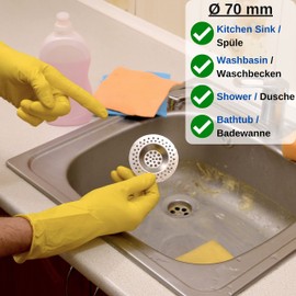 Stainless Steel Drain Strainer 3 Pack Diameter 70mm Outside 42mm Inside Protrudes 9.5mm Spout Drain Strainer for Kitchen Sink, Sink, Shower Tray, Bathtub, Hair Strainer and Food Scraps Strainer, Hair