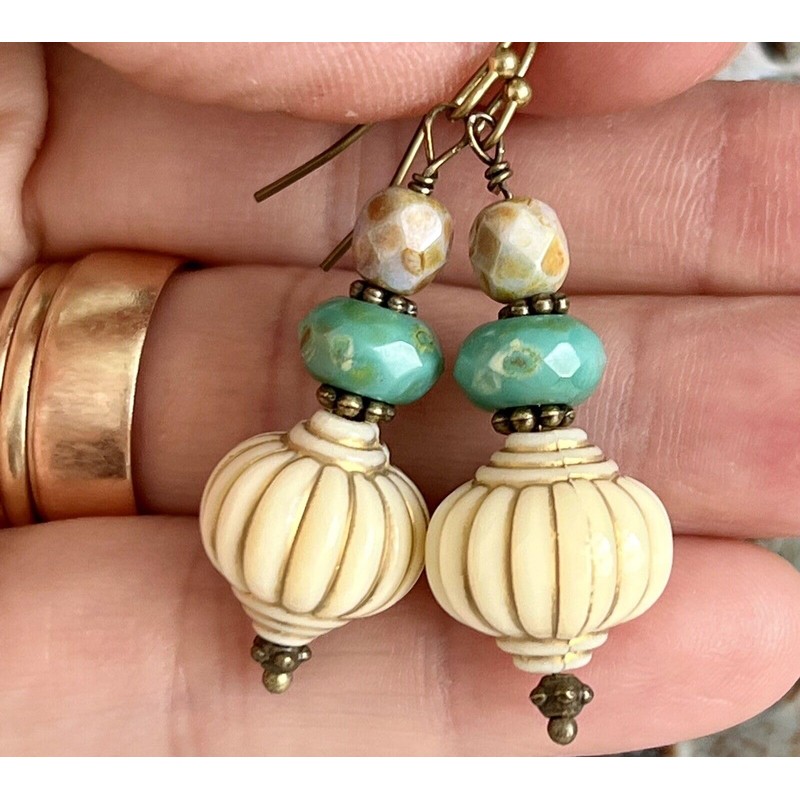 Bronze, Ivory and Turquoise Bead Earrings. Jewelry Earrings for Women