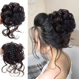 Nevoluxer Natural Hairpiece Clip-in - Synthetic Real Hair Accessories Bun Ponytail Extension Claw Clip Curly Wavy Synthetic Messy Updo Bun Hair Scrunchies for Women