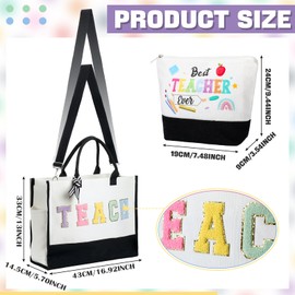 Abbylike Teacher Canvas Totes Bags Makeup Cosmetic Pouch Teacher Appreciation Gifts for Women Large Chenille Letter Bags for school