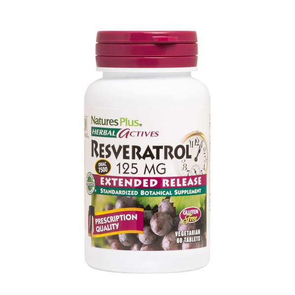 NaturesPlus Herbal Actives Resveratrol, Extended Release - 125 mg, 60 Vegetarian Tablets - Prescription Quality Antioxidant Supplement, Free Radical Defense - Gluten-Free - 30 Servings