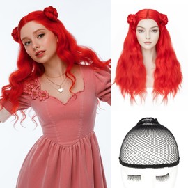 TESS Red Wig with Bun Long Wavy Hair Wigs Halloween Cosplay