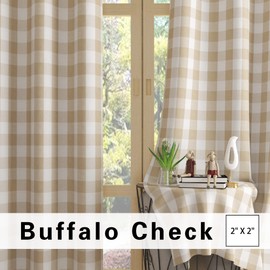 UPOPO Cortinas de ventana a cuadros de búfalo de 48 pulgadas de largo, paneles de cortina de algodón para recámara, a cuadros, decoración de granja, cortinas con bolsillo para barra, cocina, sótano, 2 paneles, color beige y blanco, 52 x 48 pulgadas