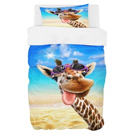 Zomer Bed Linen 135 x 200 cm Funny Giraffe & Beach Motif Duvet Cover Set 2-Piece Soft Microfibre Bed Linen Duvet Cover - 1 Fluffy Duvet Cover and 1 Pillowcase 80 x 80 cm