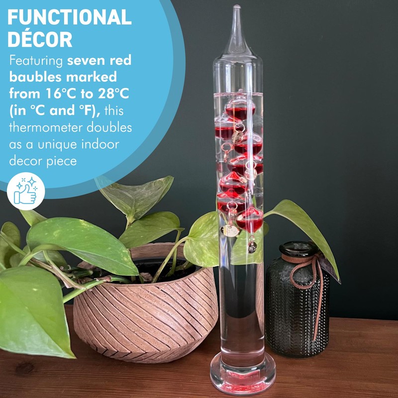 30cm Tall Free Standing Galileo Thermometer with seven red floating