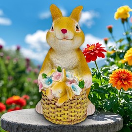 KOOY Easter Bunny Figurines Solar Garden Statues Yellow Rabbit Statue with Baby Flowers Decor for Women Men Birthday Easter Housewarming Gifts Patio Yard Lawn Ornaments