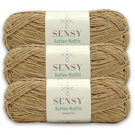 3 Skeins of Sensy Softee Raffia Twisted Yarn, Tape Yarn, Soft Craft Yarn, 3.5 oz, 109 Yards, 100% Polyester, Gauge 4 Medium (Latte)