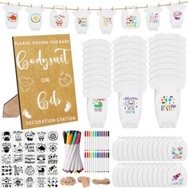 Pydeeirom 201 Pcs Baby Shower Set Baby Shower Game Sign Baby Bib Bodysuit White Baby Bib Newborn Bodysuit Baby Shower White Decorating Kit(Kraft)
