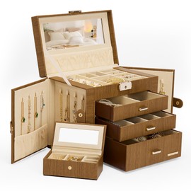 Homde 2 IN 1 Jewelry Box for Women Girls with Small Travel Case Mirror Necklace Ring Earrings Organizer (Brown + Gold)