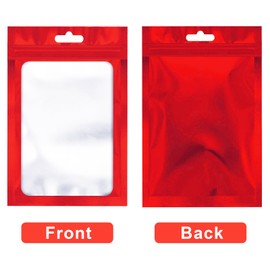 100 Pcs Resealable Mylar Bags, Sealable Odor Proof Foil Pouch Bag with Clear Window, Small Bussiness Packaging Supplies (Red, 3 X 4.7 Inch)