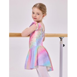 Mecceos Girls Ballet Leotard with Skirt Dance Ballerina Outfits Dresses Crisscross Back Shiny Butterfly Ruffle Sleeve (Butterfly Rainbow, 4-6 Years, MEAM-243)