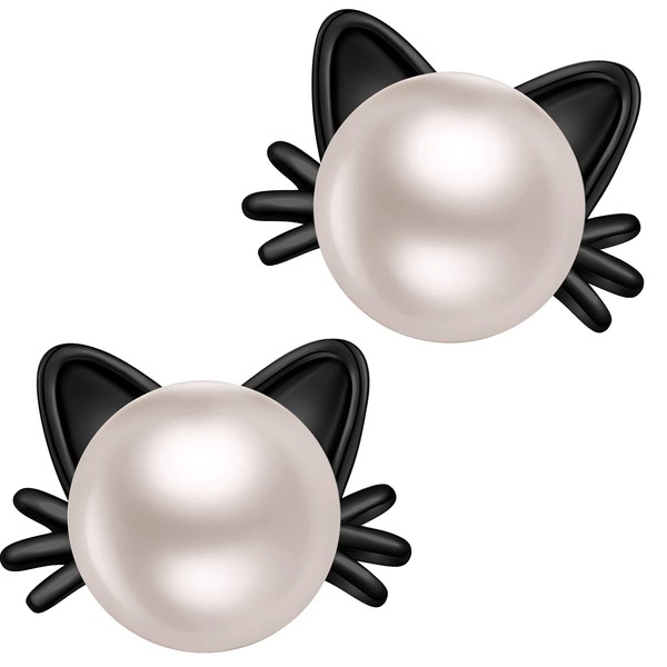 Cat Earrings Freshwater Pearl Stud Earings 925 Sterling Silver Earrings