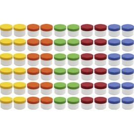 60 ointment containers, cream containers, ointment pot, flat, 35 ml contents with coloured lids, made in Germany