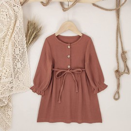 GLIGLITTR Toddler Baby Girl Cotton Linen Dress Long Sleeve Crew Neck Dresses Button Down Sundress Casual Fall White Dress (Brick red, 4-5T)