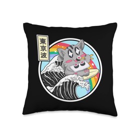 Cat Eating Sushi Surfing Kanagawa Wave Anime Kawaii Cat Throw Pillow