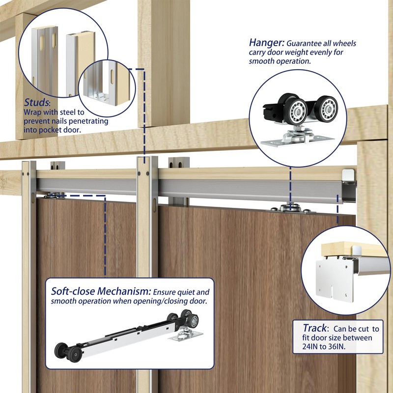 JUBEST 28"x80" Pocket Door Frame Kit with 88LBS Two-Way Soft-Close
