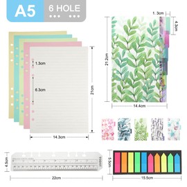 A5 Refillable Note Paper Set, A5 Paper 6 Hole, 50 Sheets A5 Paper Refill Paper Lined, 6 Pieces Dividers A5, 200 Pieces Sticky Tabs Coloured, 20 cm Ruler, A5 Ring Binder Refill Paper