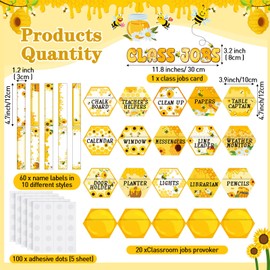 Pasimy 81 Pcs Bee Class Jobs Chart Bee Honeycomb Class Jobs Bulletin Board Pockets with Name Tags Cards Hives Classroom Decor Teacher's Helper Chart for Back to School Classroom Decoration