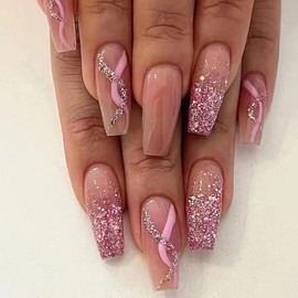 Pikabows Press On Nails Medium Coffin Fake Nails Acrylic French Tip Pink Swirl Nude Glitter False Nail Tips Kit Glue on Nails for Women