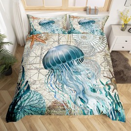 Jellyfish Duvet Cover Ocean Decor Twin,Kawaii Marine Life Bedding Set Ocean World Map Comforter Cover for Girls Women Boys,Starfish Reptile Bed Set Tropical Hawaii Beach Decor