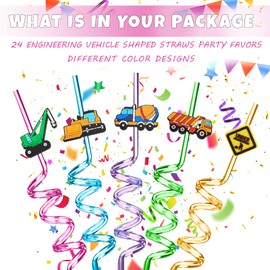 24 Reusable Construction Plastic Straws Excavator Bulldozer Blender Truck for Construction CraneTheme Birthday Party Supplies Gift Favors with 2 Cleaning Brushes