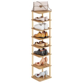 LUCKNOCK Vertical Shoe Rack, 8-Tier Tall Narrow Shoe Organizer for Entryway, Closet, Dorm & Small Spaces, Freestanding Wooden Shoe Shelf Tower for Boots, Sneakers, Heels. (Walnut)