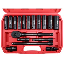 SEKETMAN 17PCS 1/2-Inch Drive Deep Impact Socket Set,SAE(3/8-1"),6 Point,CR-V steel,Includes Extension Bar,Universal Joint and Ratchet Handle