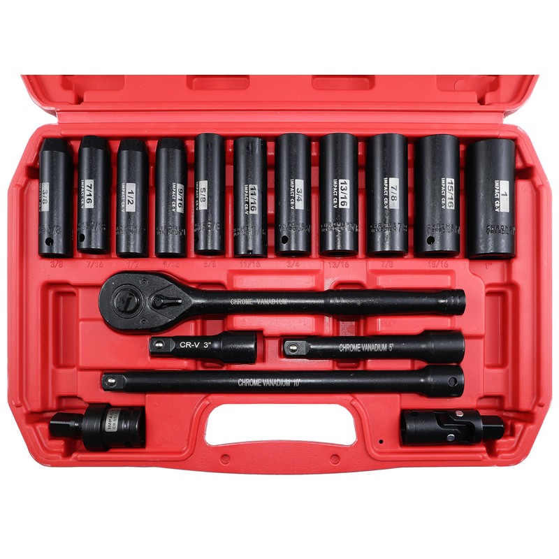 SEKETMAN 17PCS 1/2-Inch Drive Deep Impact Socket Set,SAE(3/8-1"),6 Point,CR-V steel,Includes
