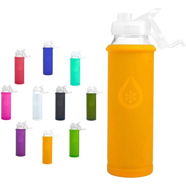 Eveau Glass Water Bottle with Flip Lid/Straw Lid, Bumperguard Silicone Sleeve, Wide Mouth Opening, 21 Ounce/630 ml