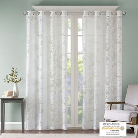 Madison Park Semi Sheer Single Curtain Modern Contemporary Botanical Print Out Design, Grommet Top, Window Drape for Living Room, Bedroom and Dorm, 50x84, Tropical White 84.00" x 50.00"