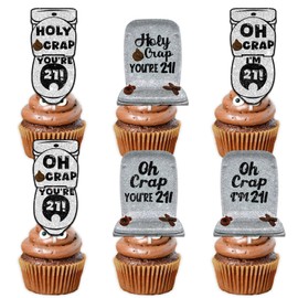 18pcs Glitter Poop Fly Toilet Dessert Cupcake Topper Pick for Funny 21! Theme Decor Supplies Men Women Happy 21st Birthday Party Decoration