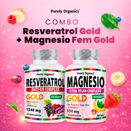 Combo Resveratrol Magnesio Fem Gold Citrato, cido Flico y Superfoods (Espinaca, Pltano, Fresa) Polifenoles y Vitamina C Bienestar Femenino 2...