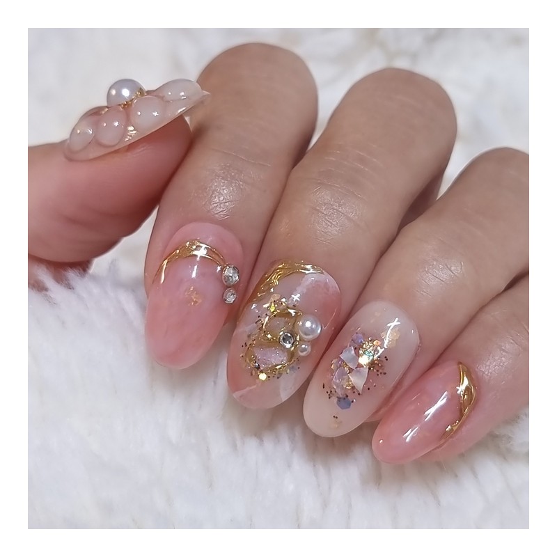 Pink Flower Handmade Nail Tips - Long Ballerina / 분홍이플라워