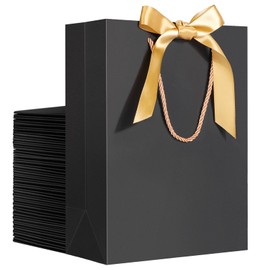 EUSOAR Gift Bags With Handles, 25pcs 7.8"x3.9"x11" Black Thank You Gift Paper Bags with Bow Ribbon Handle, Shopping Gift Treat Bags Bulk for Wedding Baby Shower Guests Bridal Craft Grocery
