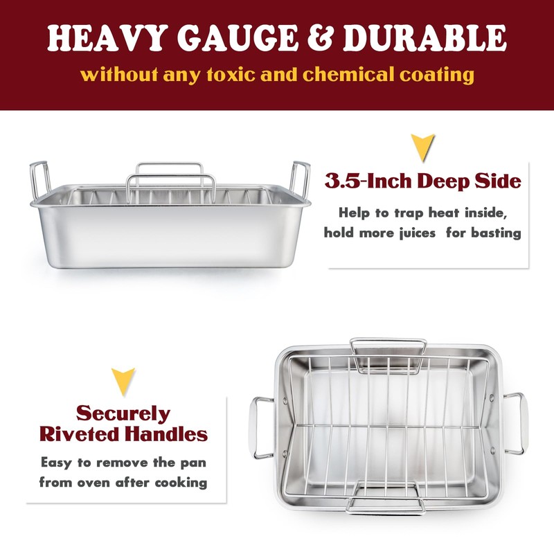 E-far 14 x 10.6 Inch Roasting Pan, Stainless Steel Turkey