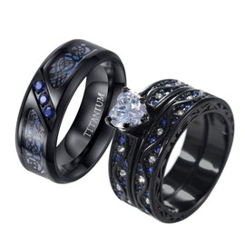 ringheart Black 2 Rings His and Hers Ring Couple Rings Heart Cz Womens Wedding Ring Sets Blue Cz Titanium Steel Mens Wedding Bands