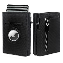 Airtag Wallet for Men, RFID Blocking Credit Card Holder with Zip Coin Pocket, Trifold Slim Wallet (Black)