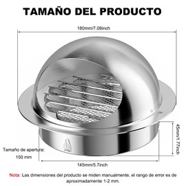 Uno Cubierta de Ventilación de 6 pulgadas Pared para Extractor Externo de Acero Inoxidable Ventilaciones de Aire Punta Redonda Rejilla de Ventilación para Ventilador Extractor (Plateado-6 pulgadas)