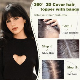 RPAEOY Fringe Pony Hairpiece, 100% Hair Topper, Real Hair, 360° Coverage, Clip, One Piece, Fringe Bangs for Women, Fringe, Wispy, Thin Hair (Brownish Black)