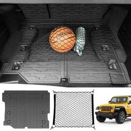 JTYZSM Cargo Mat & Trunk Net for 2018-2024 Jeep Wrangler JL Unlimited 4X4 Trunk Liners with Cargo Net All Weather Anti-Slip Rear Mesh Cargo Net for 18-24 Wrangler JL 4X4 4 Door Accessories