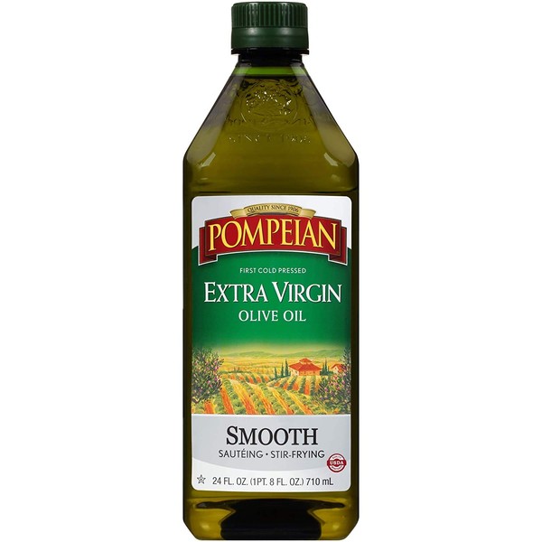 Pompeian Smooth Extra Virgin Olive Oil, First Cold Pressed, Mild and Delicate Flavor, Perfect for Sauteing & Stir-Frying, 24 FL. OZ.