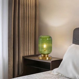 NKU Mid Century Table lamp Green Glass Bedside Table Lighting Dimmable Ribbed Modern Globe Table Lamp Small Vintage Nightlight Lamp Nightstand Lamp with Plug-in Style for Bedroom Living Room Office