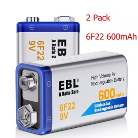 EBL 9V Rechargeable Batteries 9 Volt Lithium ion 600mAh Li-ion Batteries 2 Packs