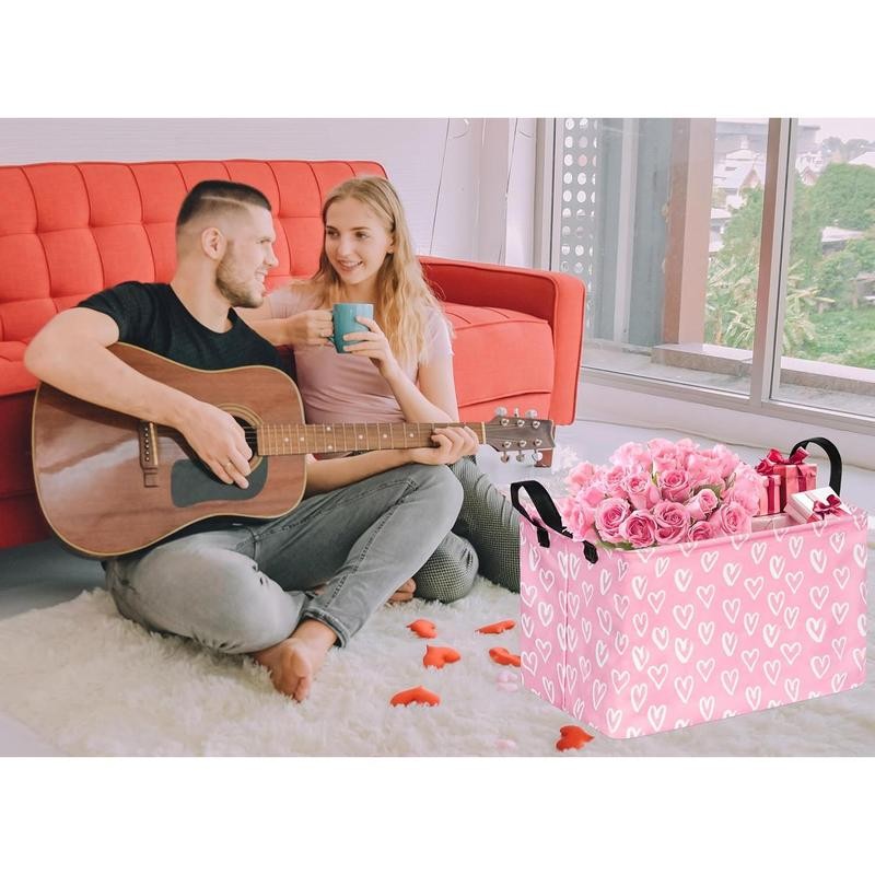 Rectangular Valentines Basket Pink Love Storage Bin Collapsible Heart Hamper