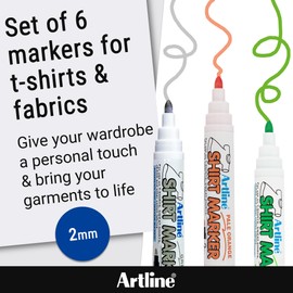 Artline Pack of 6 Fabric Markers for T-Shirts (Grey, Beige, Pale Orange, Light Purple, Light Blue, Yellow Green). Fabric Pens Permanent for Clothes, Washable up to 60 °C - Genuine Clothes Pens