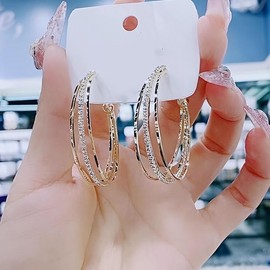 [Elegant Rhinestone 925 Silver Earrings] 925 Silver Pin Elegant Rhinestone Set Multi-Layered Hoop Earrings Sparkle Fashion Women's Jewelry, Suitable For Daily Wear And Gifts:_Golden